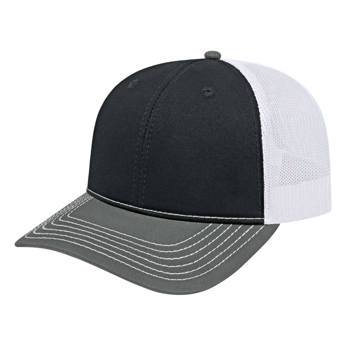 Cap America Chino Twill Trucker Cap with Mesh Back Embroidery - Black/Charcoal/White - Front