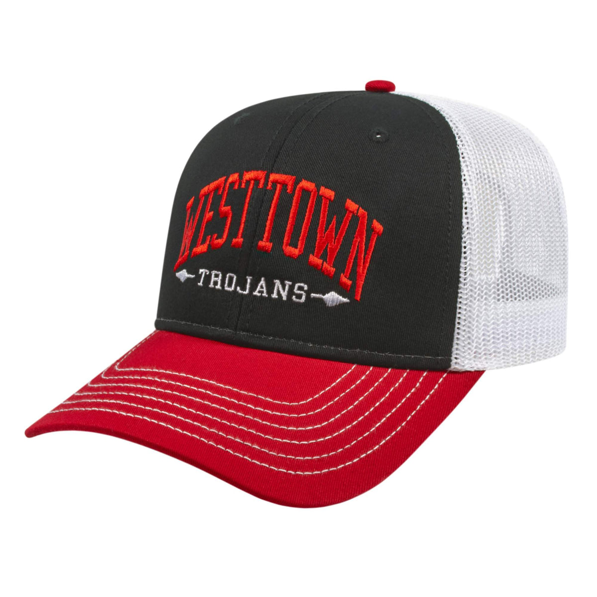 Cap America Chino Twill Trucker Cap with Mesh Back Embroidery - Black/Red/White - Front