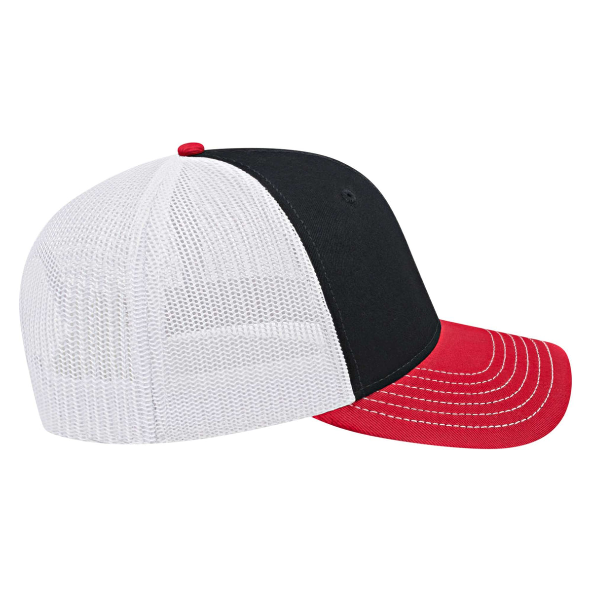 Cap America Chino Twill Trucker Cap with Mesh Back Embroidery - Black/Red/White - Left Side