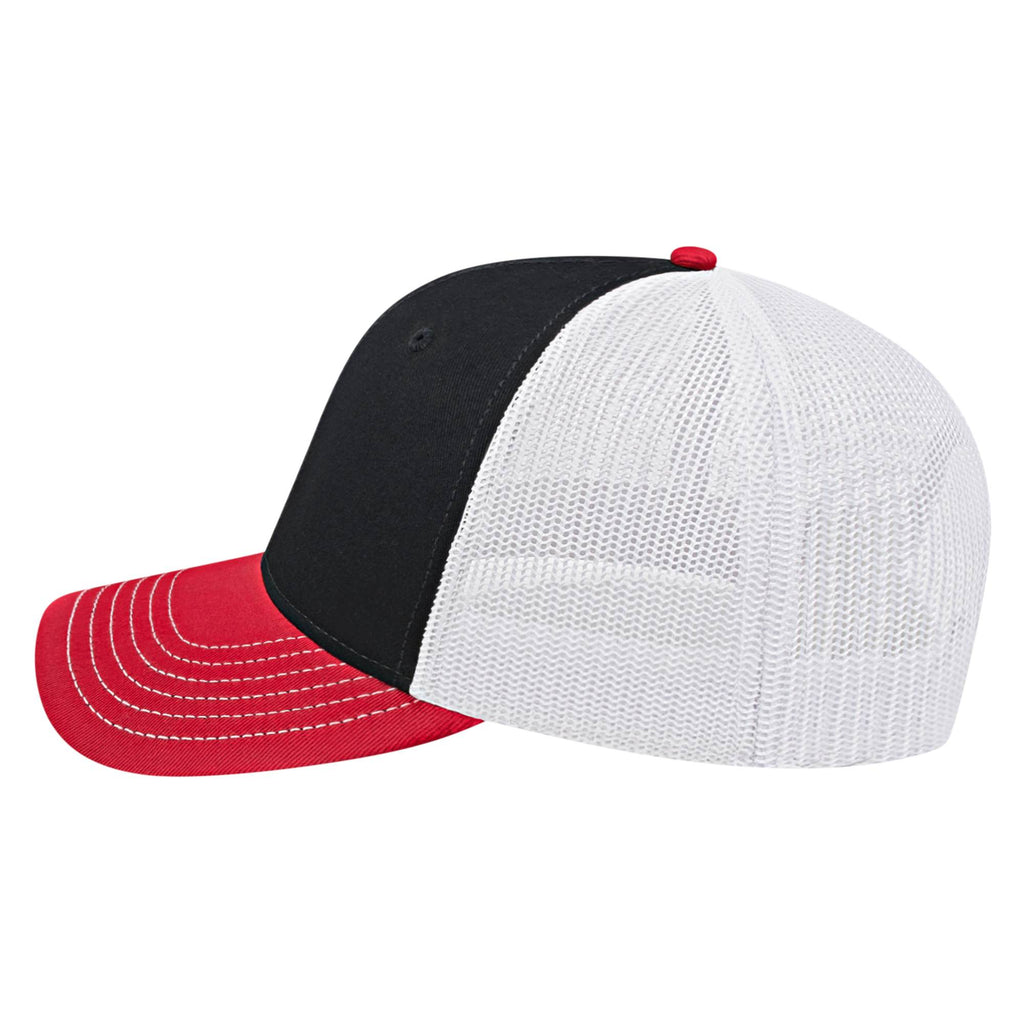 Cap America Chino Twill Trucker Cap with Mesh Back Embroidery - Black/Red/White - Right Side