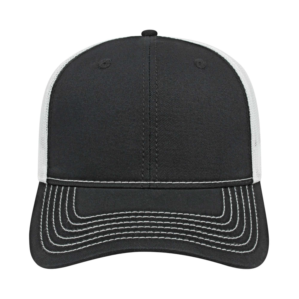 Cap America Chino Twill Trucker Cap with Mesh Back Embroidery - Black/White - Front 2