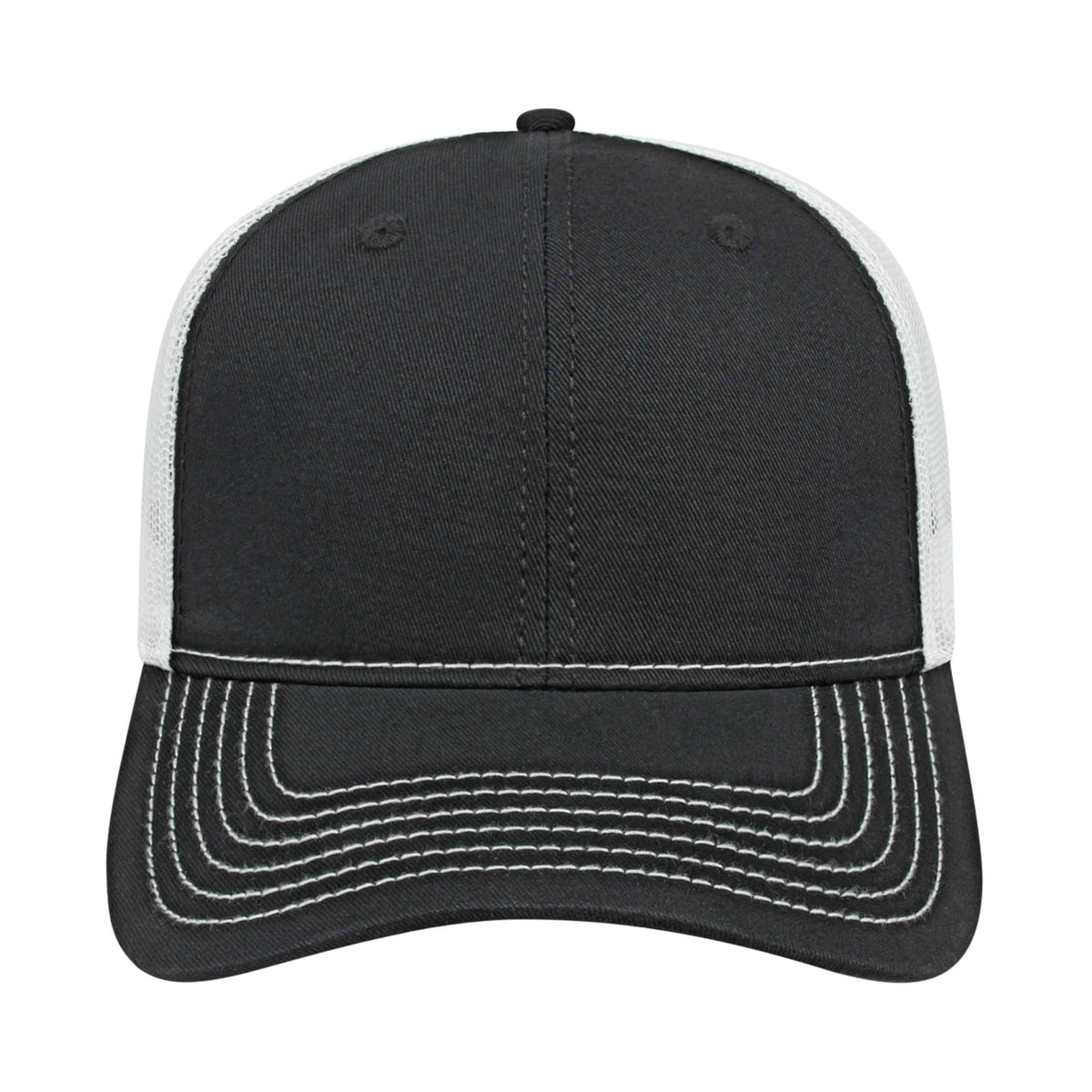 Cap America Chino Twill Trucker Cap with Mesh Back Embroidery - Black/White - Front 2