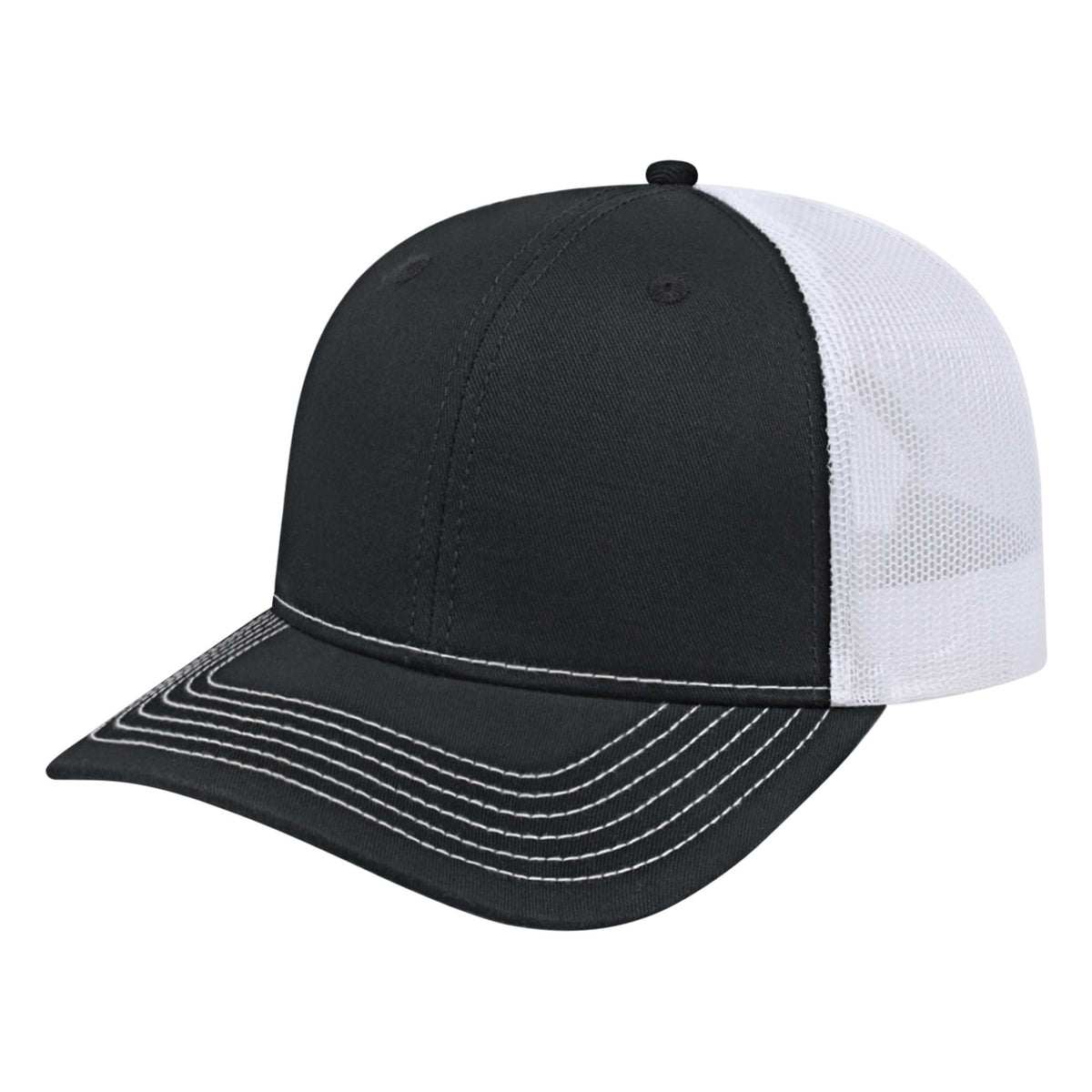 Cap America Chino Twill Trucker Cap with Mesh Back Embroidery - Black/White - Front