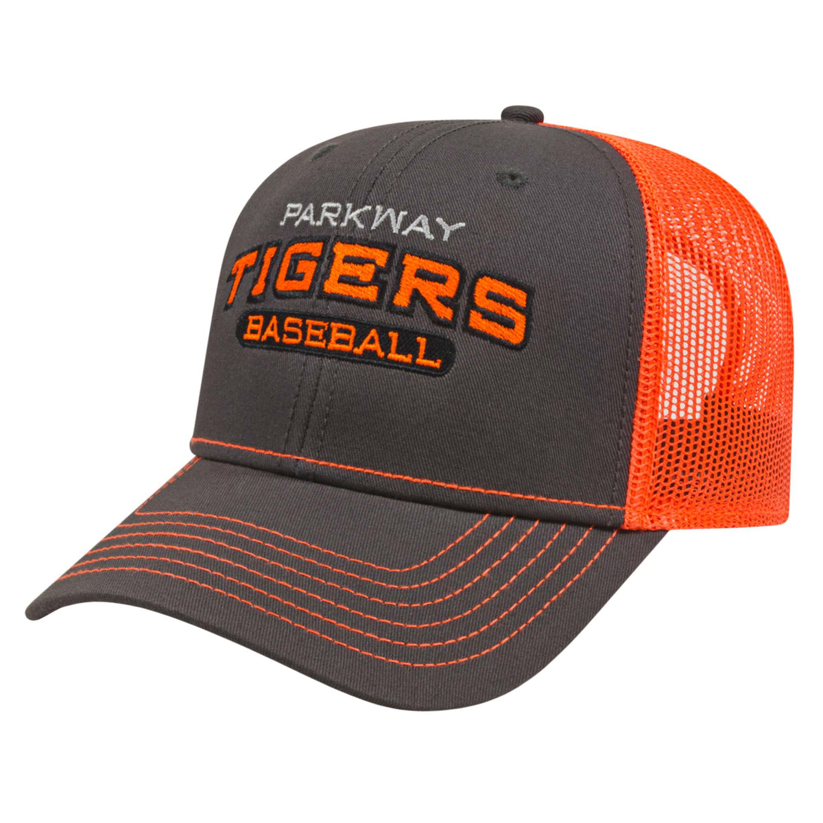 Cap America Chino Twill Trucker Cap with Mesh Back Embroidery - Charcoal/Blaze Orange - Front