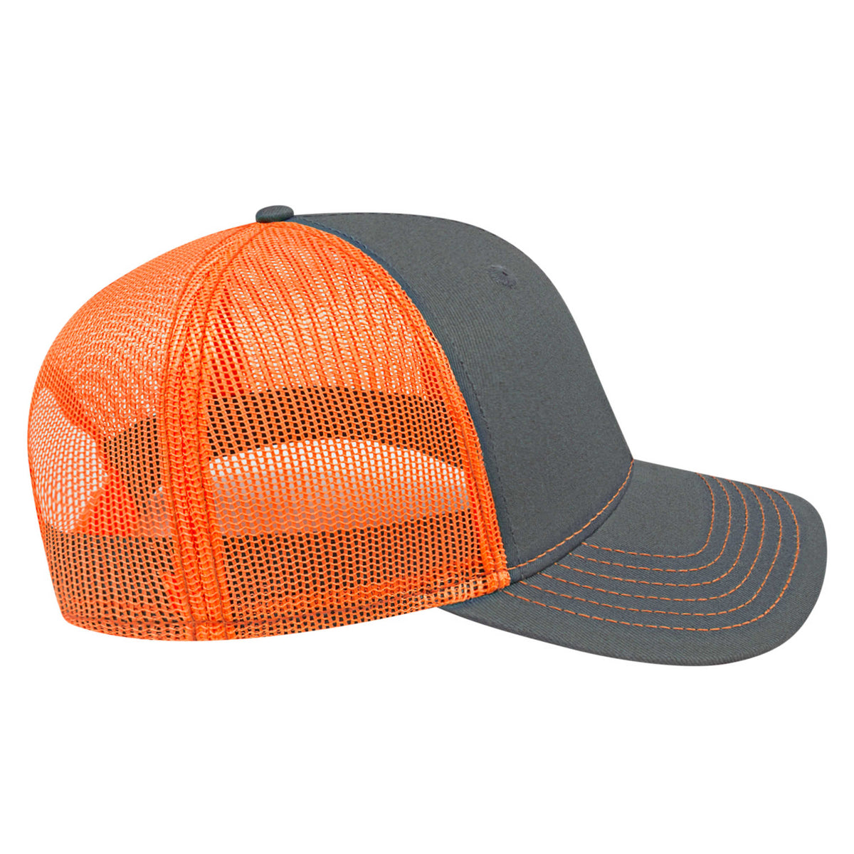 Cap America Chino Twill Trucker Cap with Mesh Back Embroidery - Charcoal/Blaze Orange - Left Side