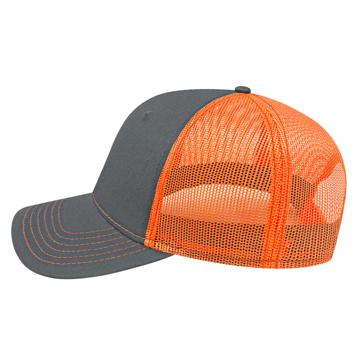 Cap America Chino Twill Trucker Cap with Mesh Back Embroidery - Charcoal/Blaze Orange - Right Side
