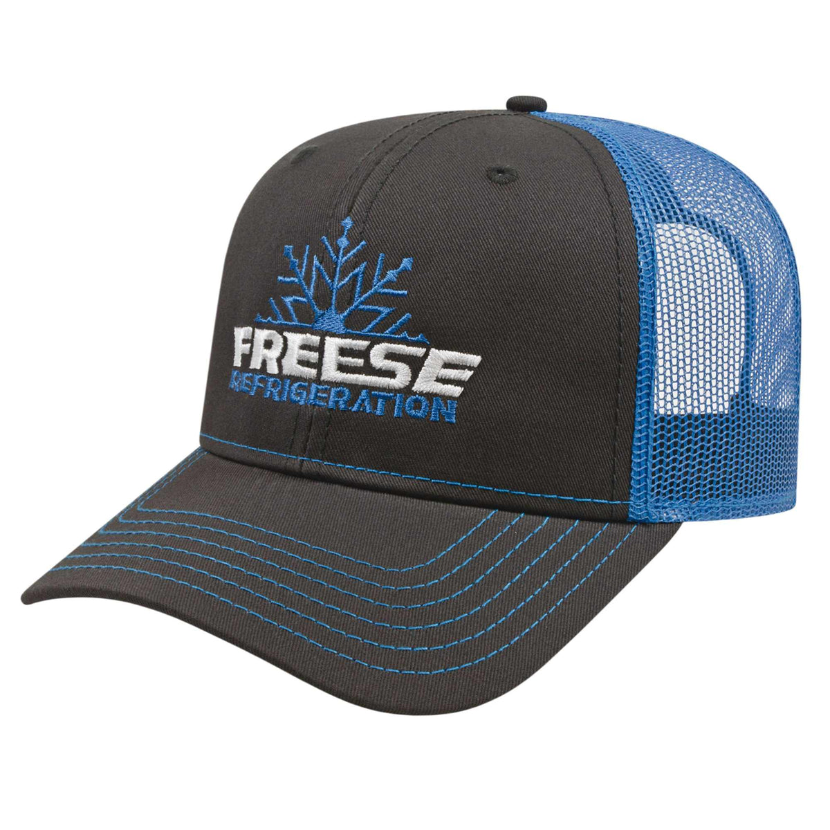 Cap America Chino Twill Trucker Cap with Mesh Back Embroidery - Charcoal/Neon Blue - Front
