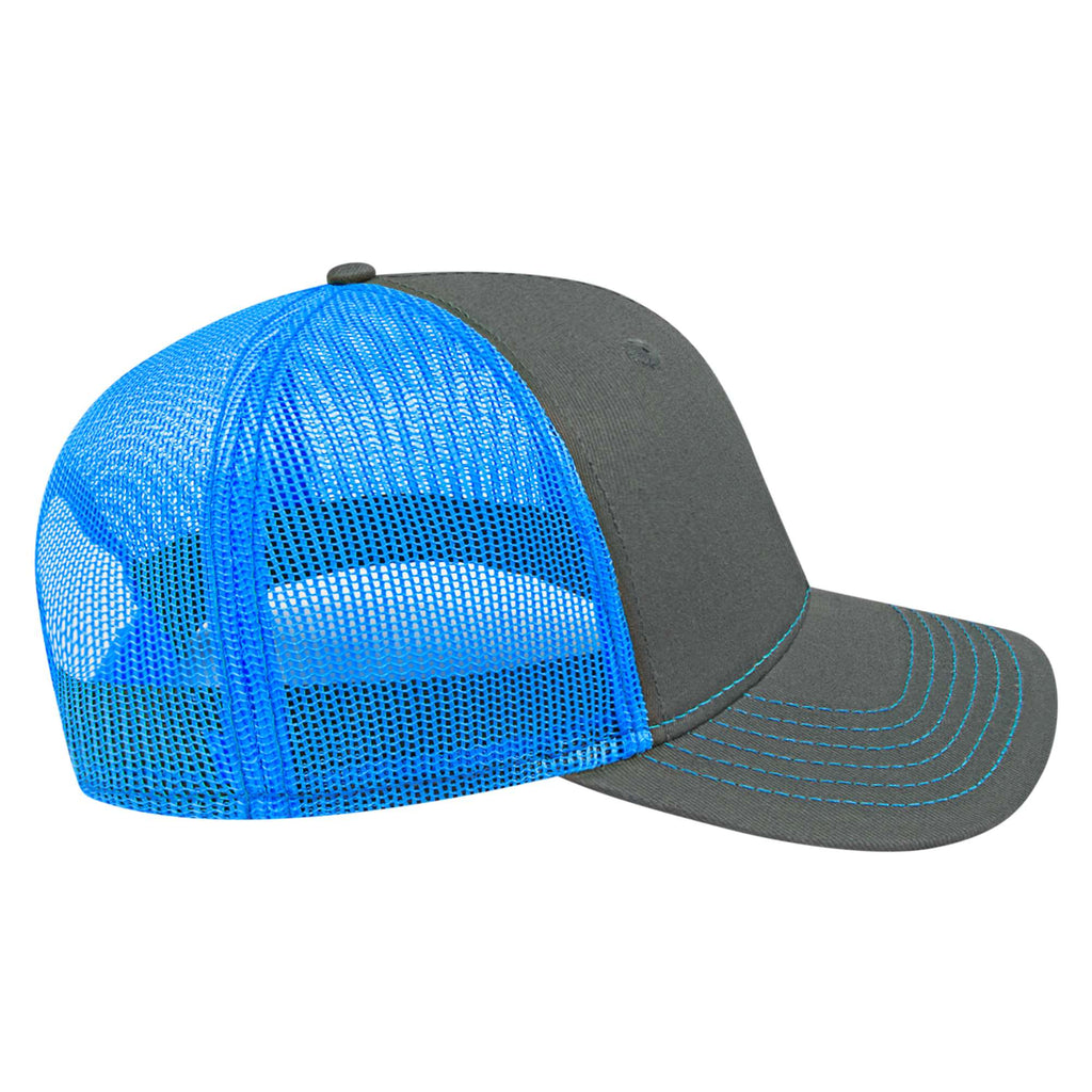 Cap America Chino Twill Trucker Cap with Mesh Back Embroidery - Charcoal/Neon Blue - Left Side