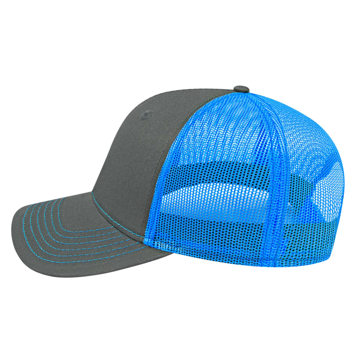 Cap America Chino Twill Trucker Cap with Mesh Back Embroidery - Charcoal/Neon Blue - Right Side
