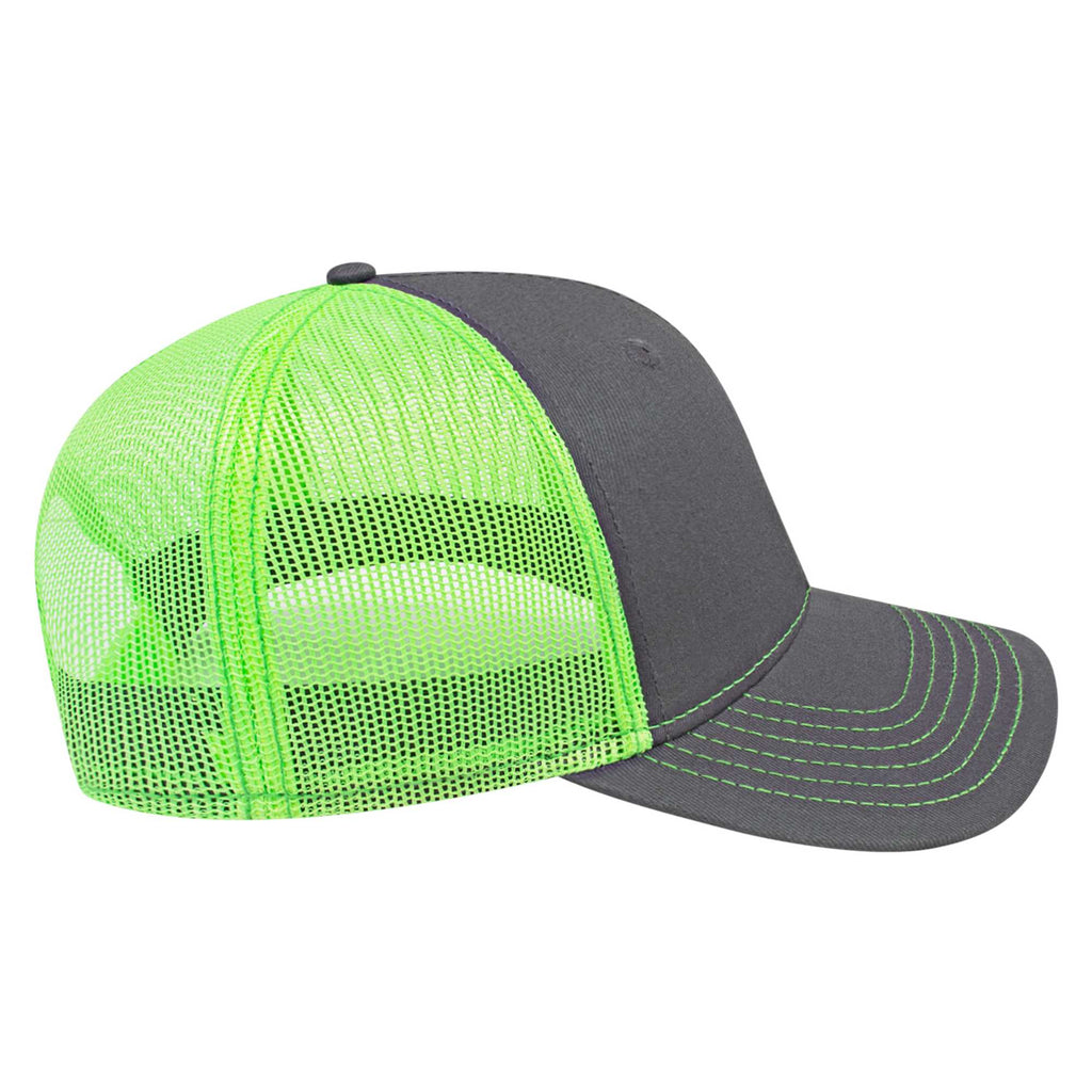 Cap America Chino Twill Trucker Cap with Mesh Back Embroidery - Charcoal/Neon Green - Left Side