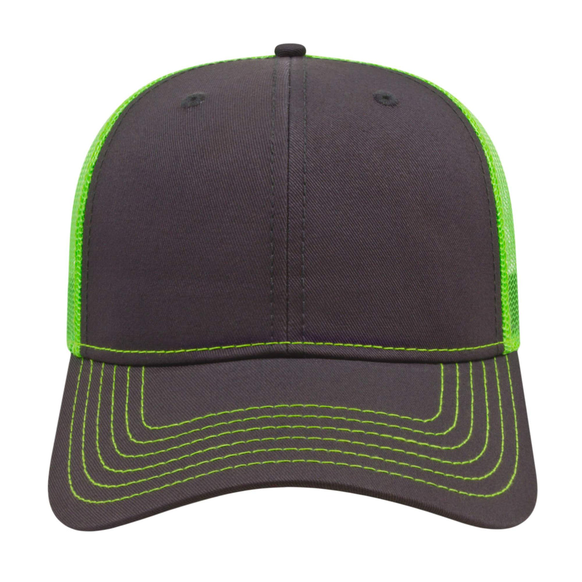 Cap America Chino Twill Trucker Cap with Mesh Back Embroidery - Charcoal/Neon Green - Photo