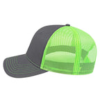 Cap America Chino Twill Trucker Cap with Mesh Back Embroidery - Charcoal/Neon Green - Right Side