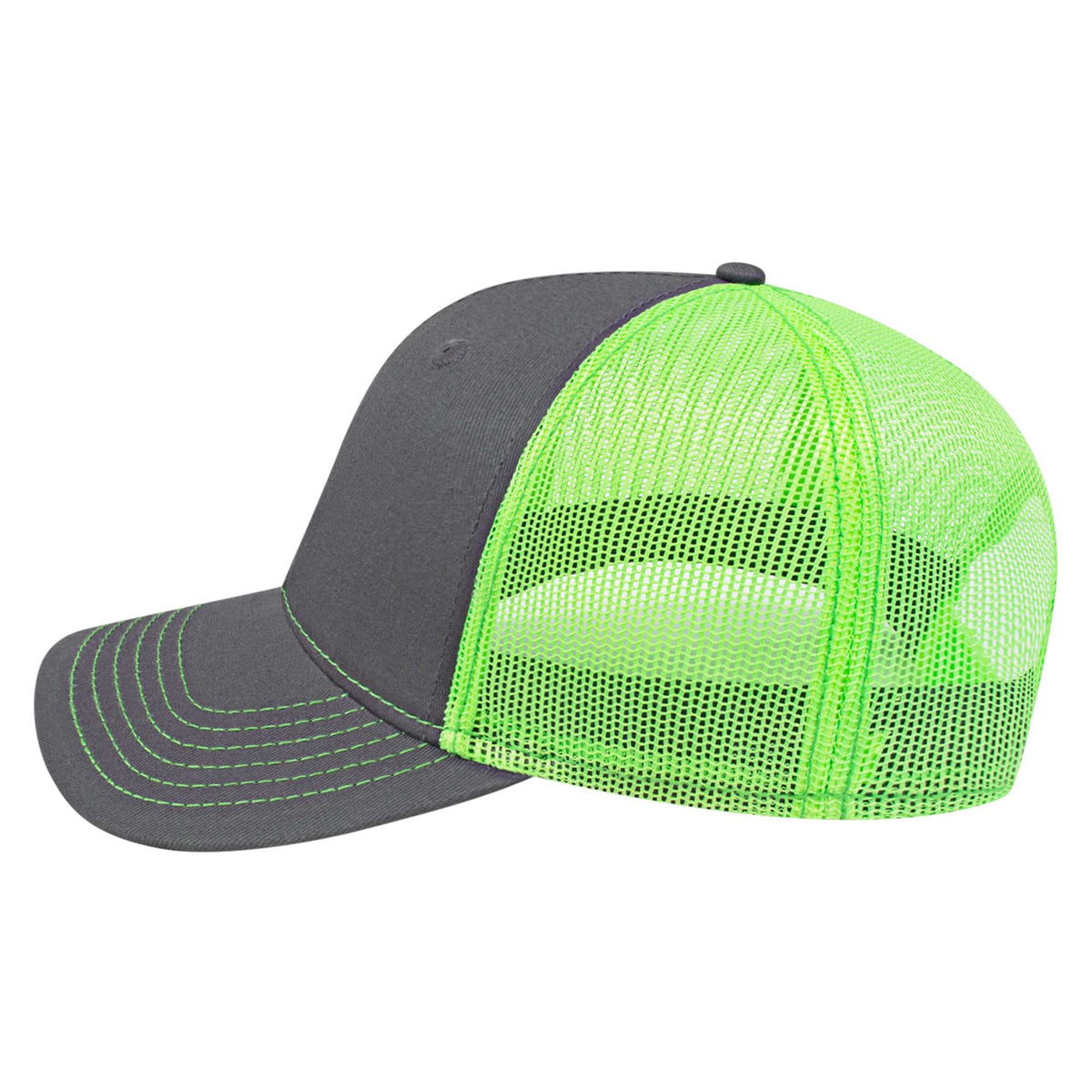 Cap America Chino Twill Trucker Cap with Mesh Back Embroidery - Charcoal/Neon Green - Right Side