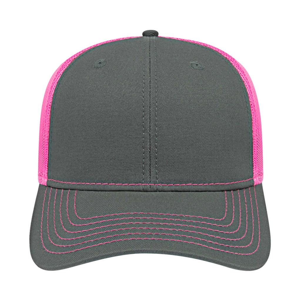 Cap America Chino Twill Trucker Cap with Mesh Back Embroidery - Charcoal/Neon Pink - Front 2
