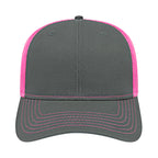 Cap America Chino Twill Trucker Cap with Mesh Back Embroidery - Charcoal/Neon Pink - Front 2
