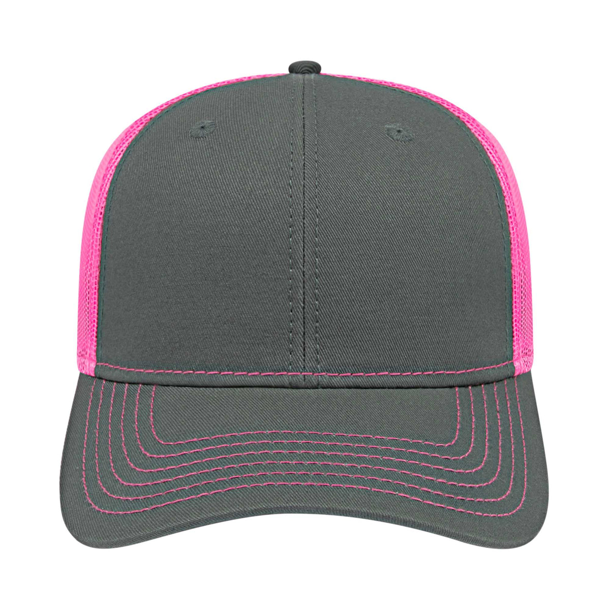 Cap America Chino Twill Trucker Cap with Mesh Back Embroidery - Charcoal/Neon Pink - Front 2