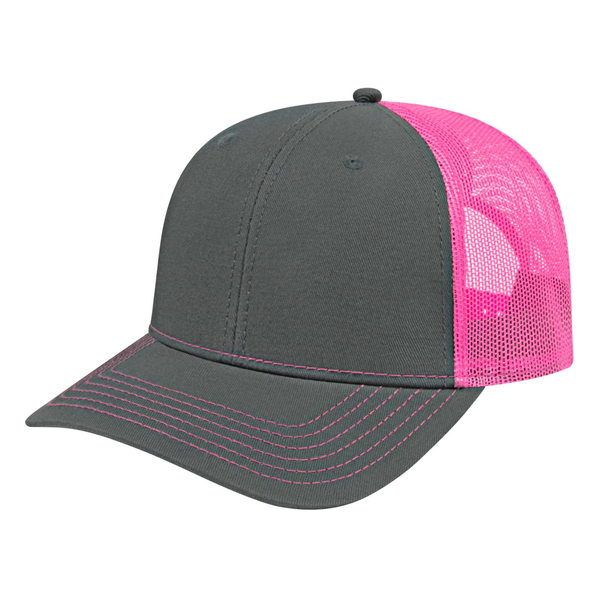 Cap America Chino Twill Trucker Cap with Mesh Back Embroidery - Charcoal/Neon Pink - Front