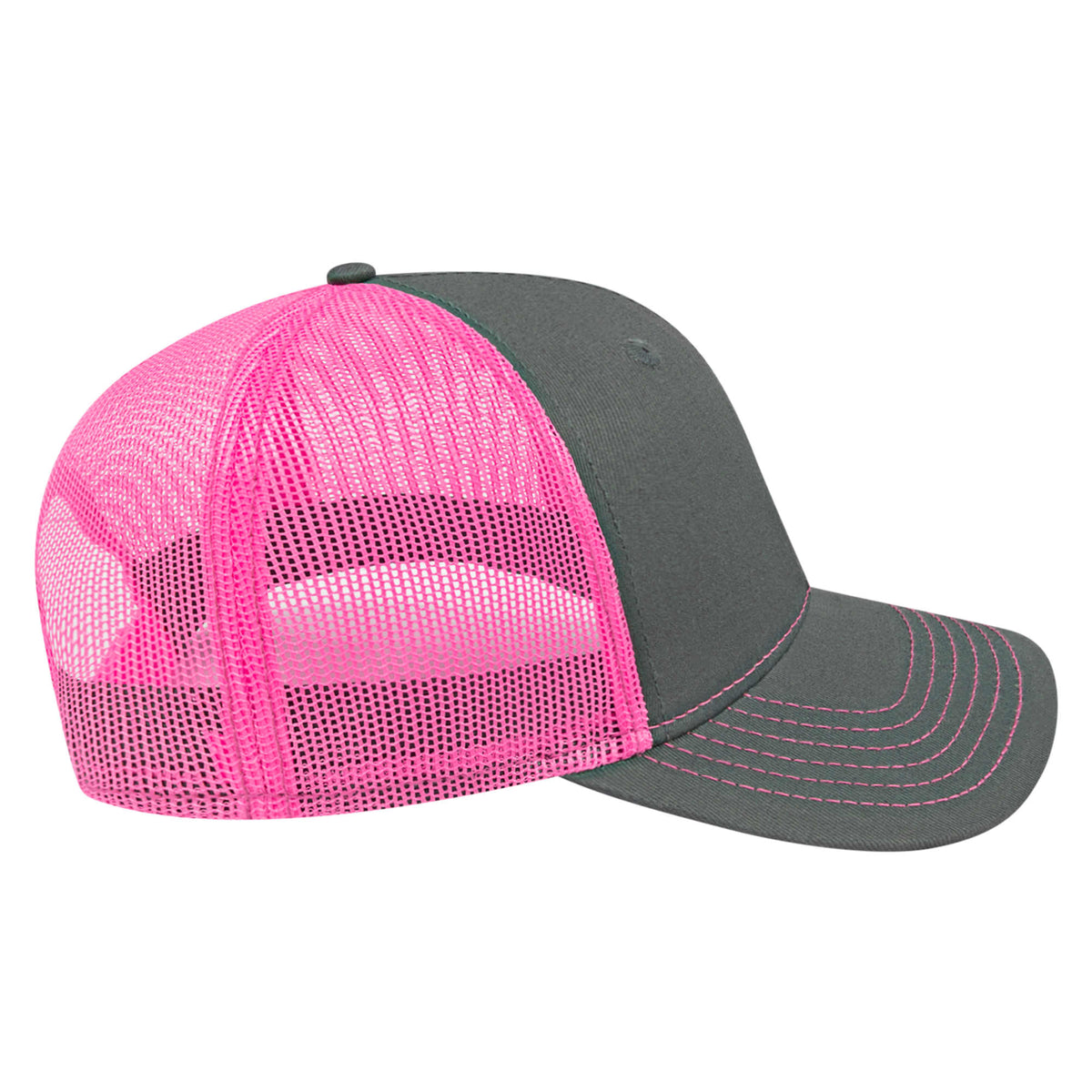 Cap America Chino Twill Trucker Cap with Mesh Back Embroidery - Charcoal/Neon Pink - Left Side