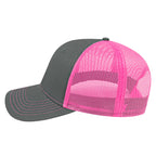 Cap America Chino Twill Trucker Cap with Mesh Back Embroidery - Charcoal/Neon Pink - Right Side
