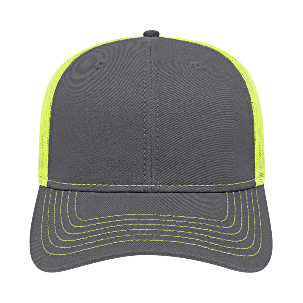 Cap America Chino Twill Trucker Cap with Mesh Back Embroidery - Charcoal/Neon Yellow - Front 2