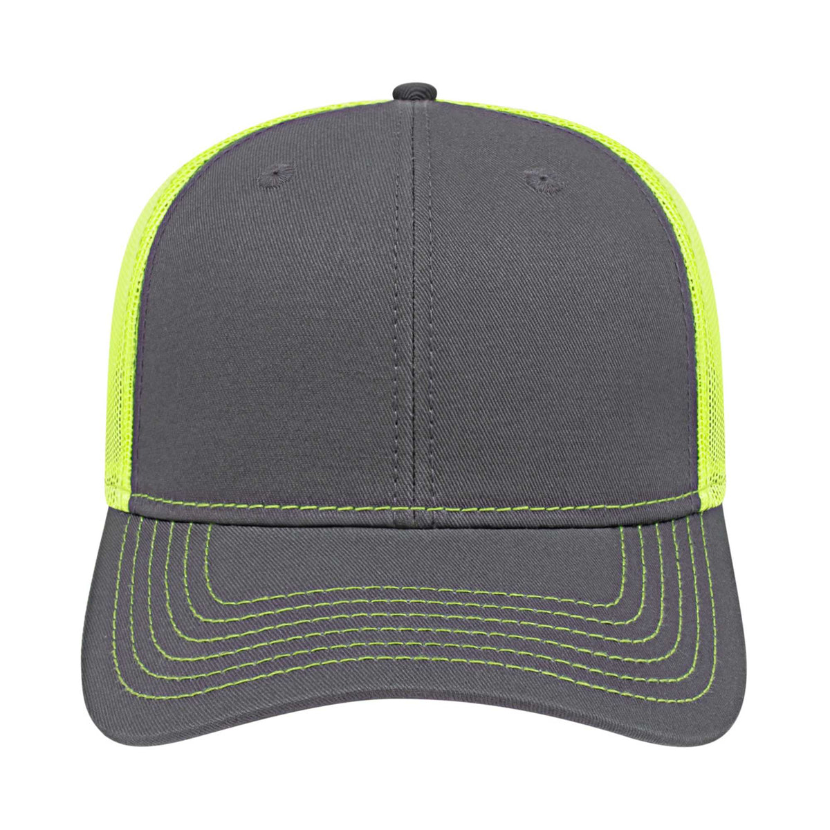 Cap America Chino Twill Trucker Cap with Mesh Back Embroidery - Charcoal/Neon Yellow - Front 2