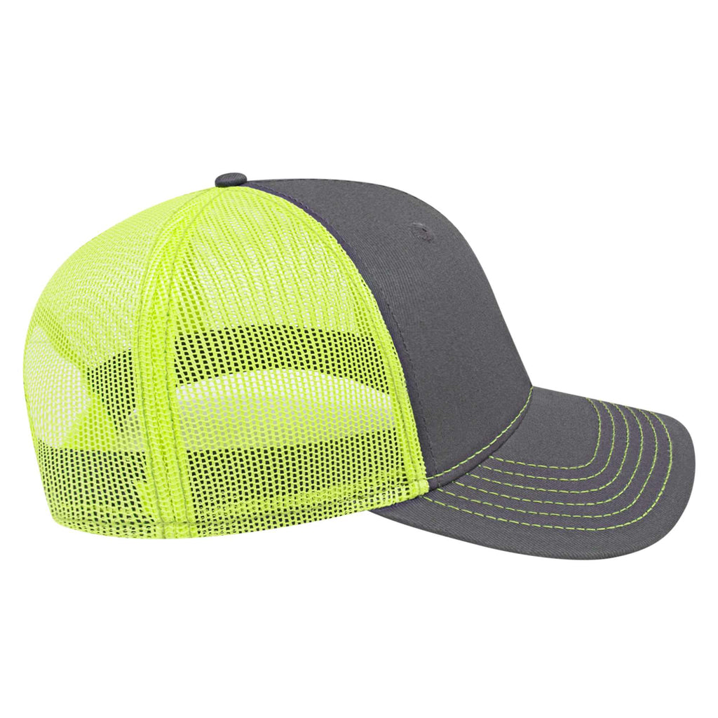 Cap America Chino Twill Trucker Cap with Mesh Back Embroidery - Charcoal/Neon Yellow - Left Side