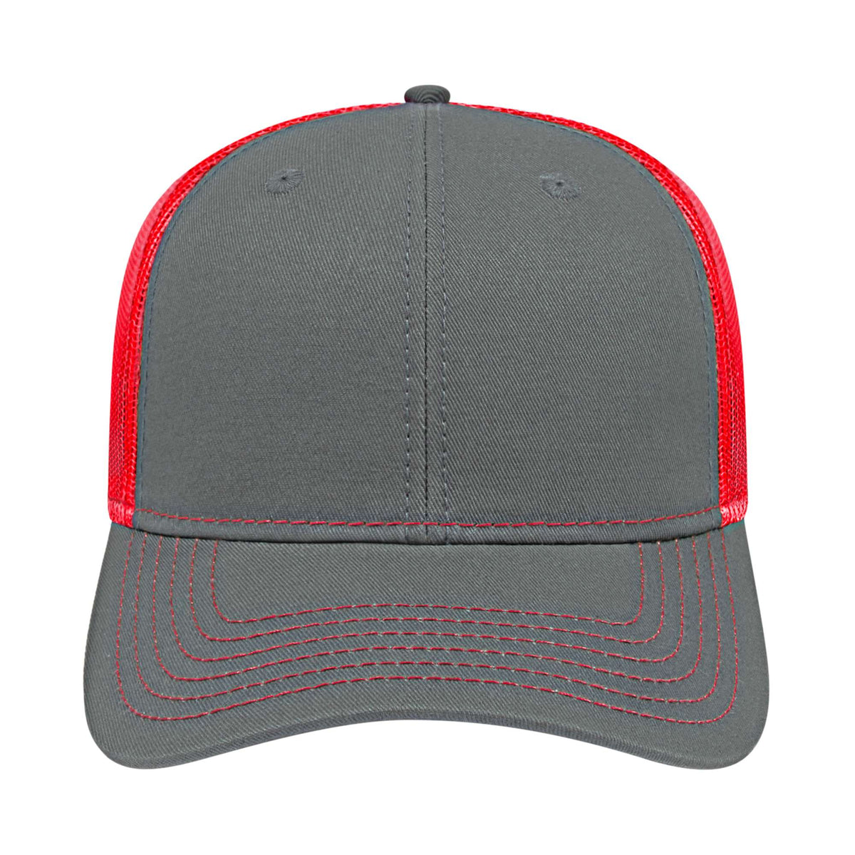 Cap America Chino Twill Trucker Cap with Mesh Back Embroidery - Charcoal/Red - Front 2