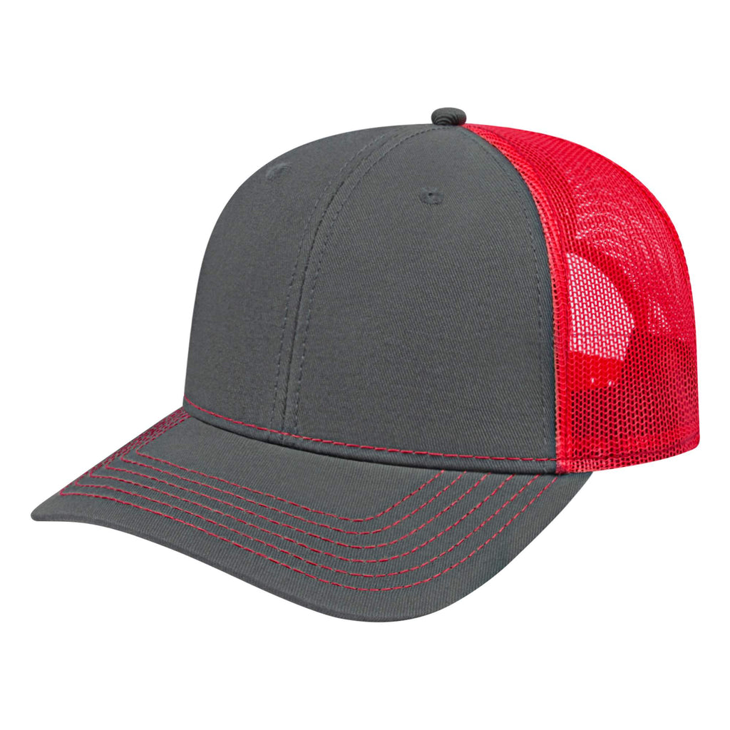 Cap America Chino Twill Trucker Cap with Mesh Back Embroidery - Charcoal/Red - Front