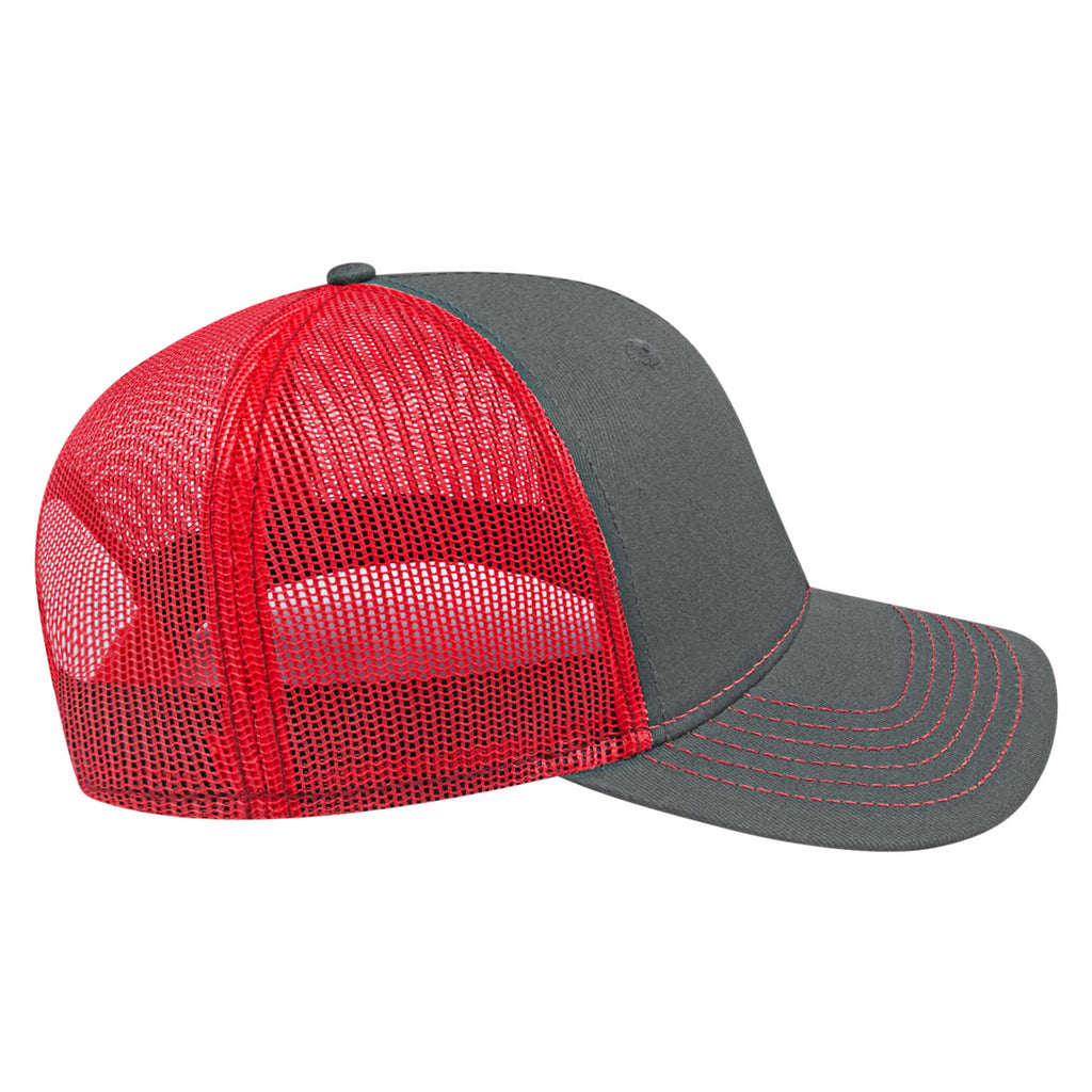 Cap America Chino Twill Trucker Cap with Mesh Back Embroidery - Charcoal/Red - Left Side