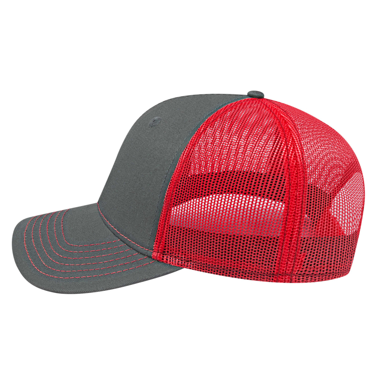 Cap America Chino Twill Trucker Cap with Mesh Back Embroidery - Charcoal/Red - Right Side