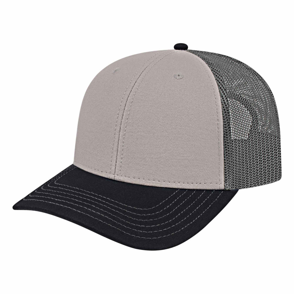 Cap America Chino Twill Trucker Cap with Mesh Back Embroidery - Gray/Black/Charcoal - Front