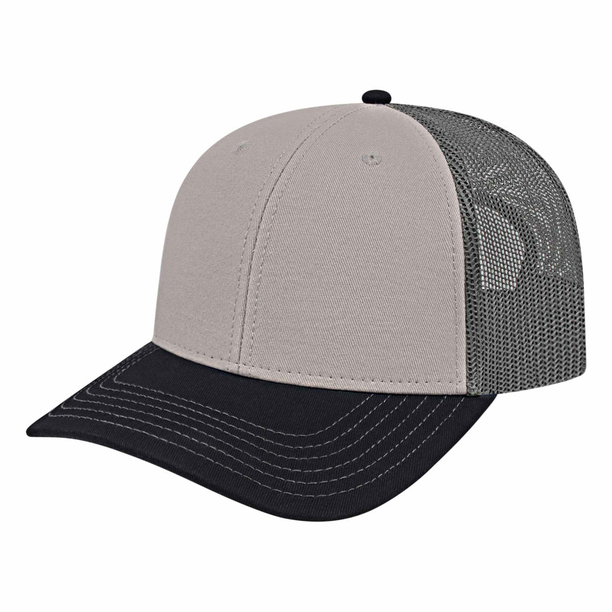 Cap America Chino Twill Trucker Cap with Mesh Back Embroidery - Gray/Black/Charcoal - Front