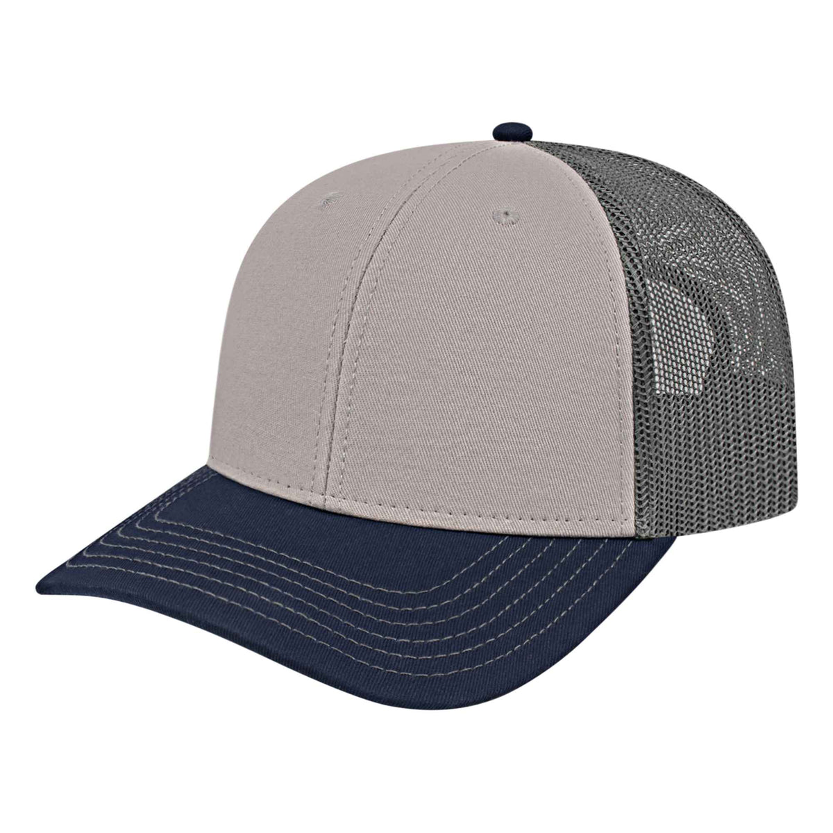 Cap America Chino Twill Trucker Cap with Mesh Back Embroidery - Gray/Navy/Charcoal - Front