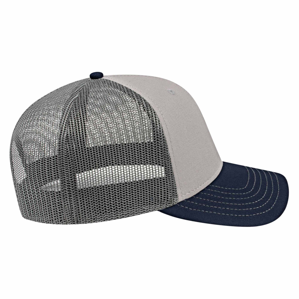 Cap America Chino Twill Trucker Cap with Mesh Back Embroidery - Gray/Navy/Charcoal - Left Side