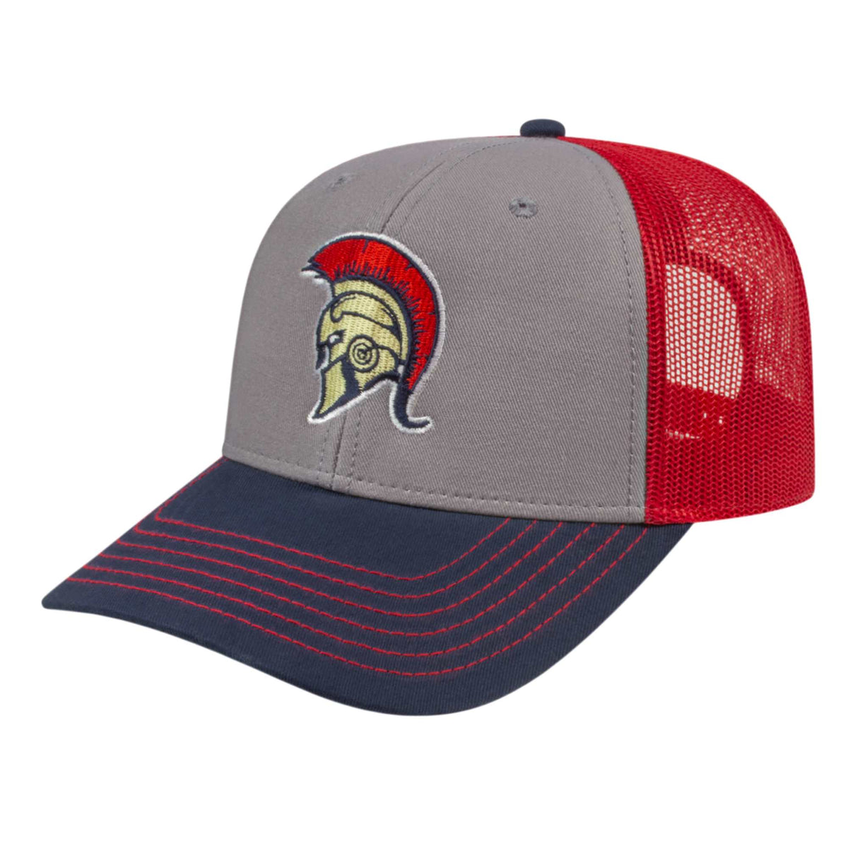 Cap America Chino Twill Trucker Cap with Mesh Back Embroidery - Gray/Navy/Red - Front