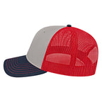 Cap America Chino Twill Trucker Cap with Mesh Back Embroidery - Gray/Navy/Red - Right Side