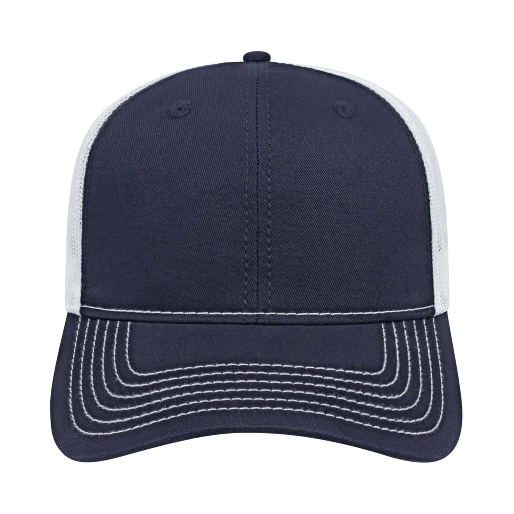 Cap America Chino Twill Trucker Cap with Mesh Back Embroidery - Navy/White - Front 2