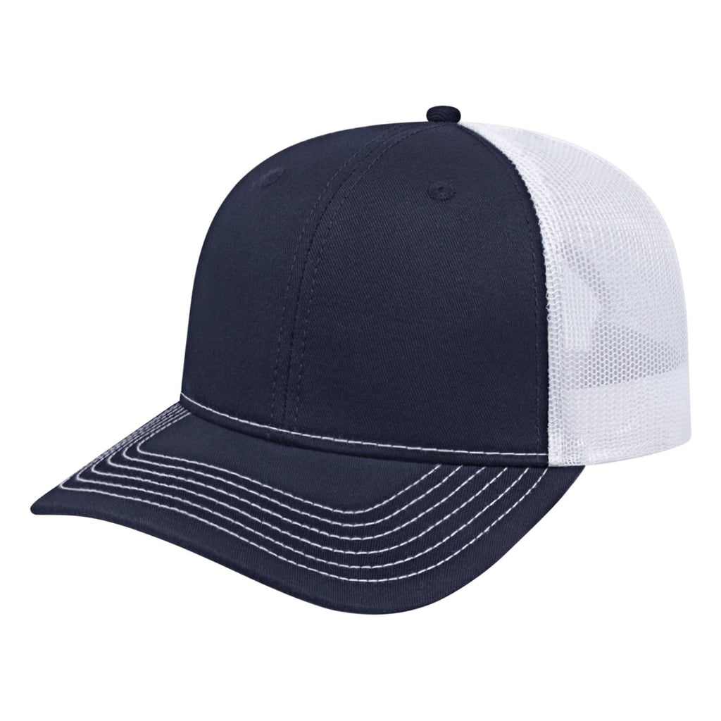 Cap America Chino Twill Trucker Cap with Mesh Back Embroidery - Navy/White - Front