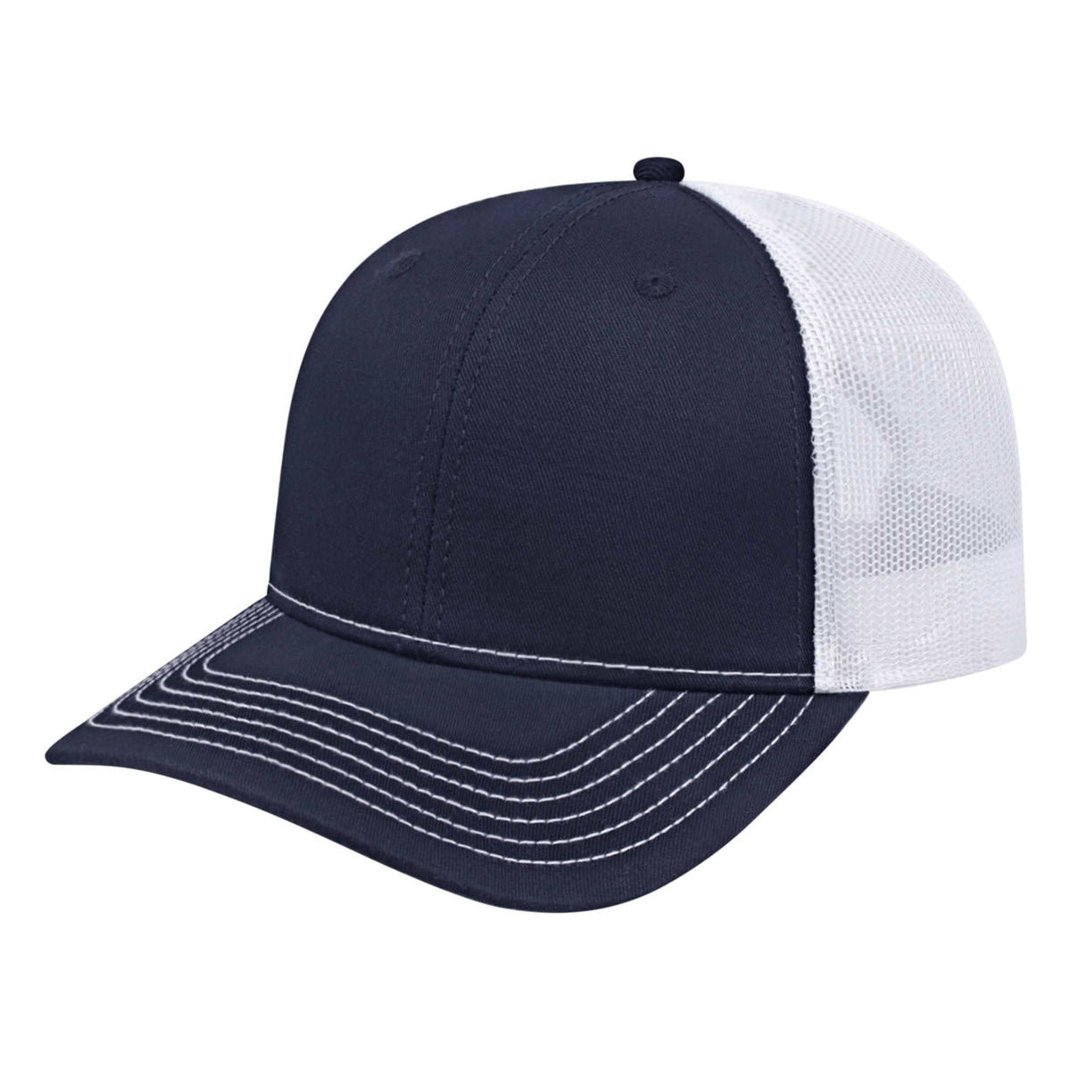 Cap America Chino Twill Trucker Cap with Mesh Back Embroidery - Navy/White - Front