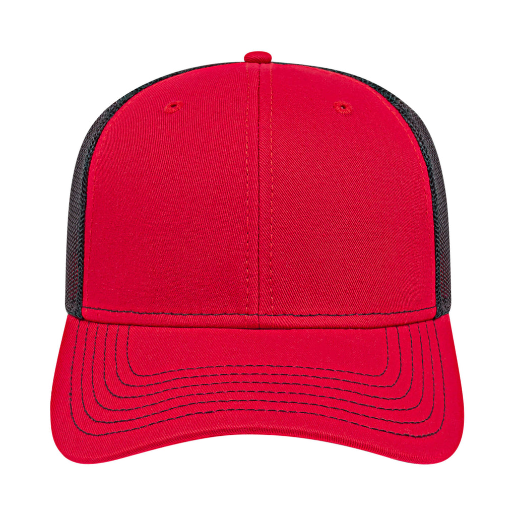 Cap America Chino Twill Trucker Cap with Mesh Back Embroidery - Red/Black - Front 2