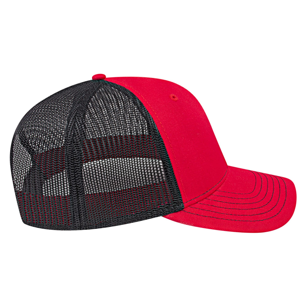 Cap America Chino Twill Trucker Cap with Mesh Back Embroidery - Red/Black - Left Side