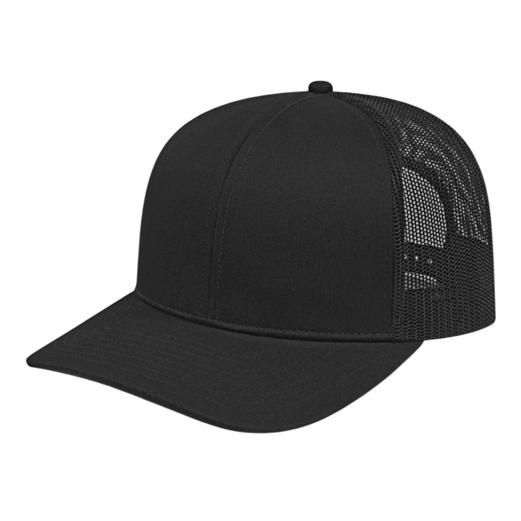 Cap America Poly Cotton Trucker Cap with Mesh Back Embroidery - Black - Front