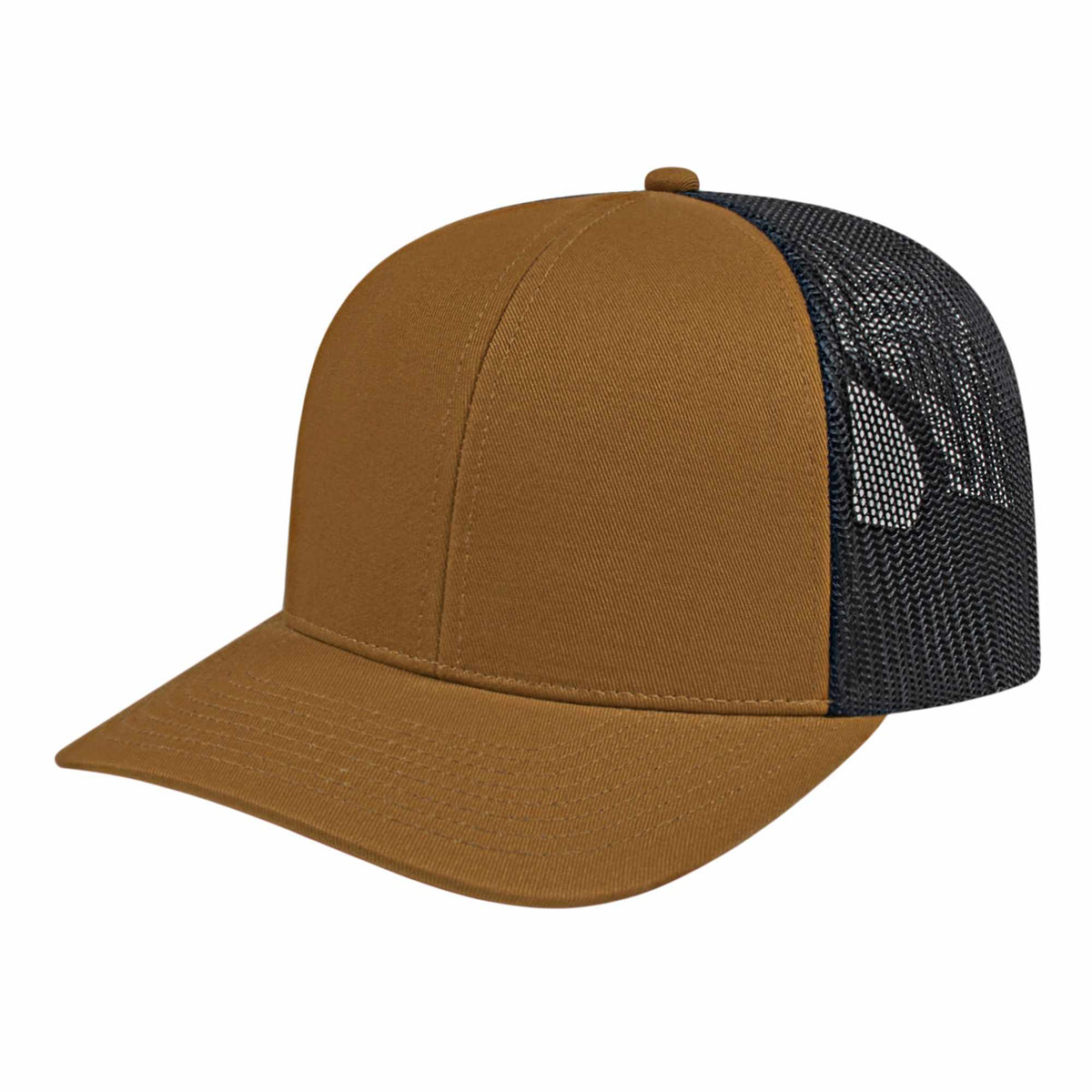 Cap America Poly Cotton Trucker Cap with Mesh Back Embroidery - Caramel/Black - Front