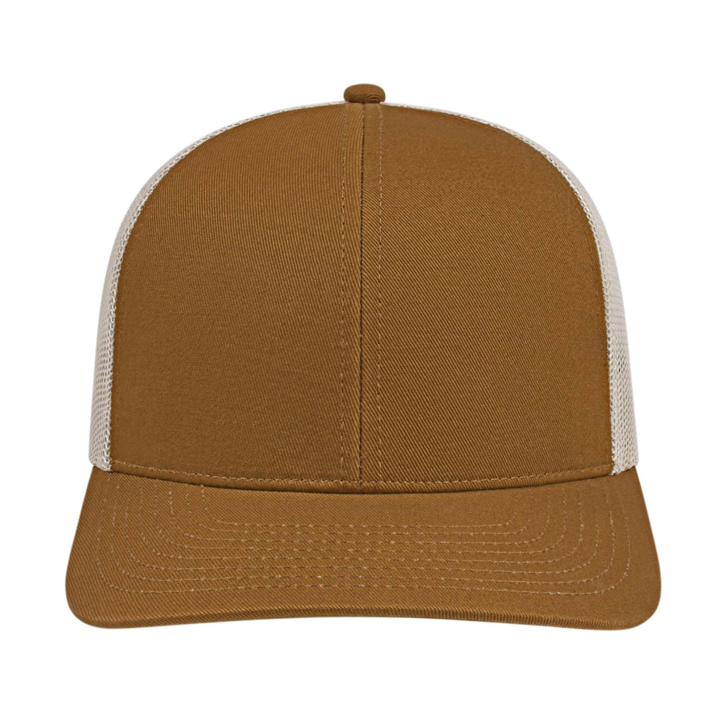 Cap America Poly Cotton Trucker Cap with Mesh Back Embroidery - Caramel/Stone - Front 2