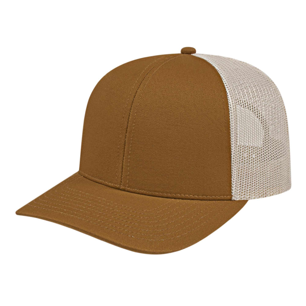 Cap America Poly Cotton Trucker Cap with Mesh Back Embroidery - Caramel/Stone - Front