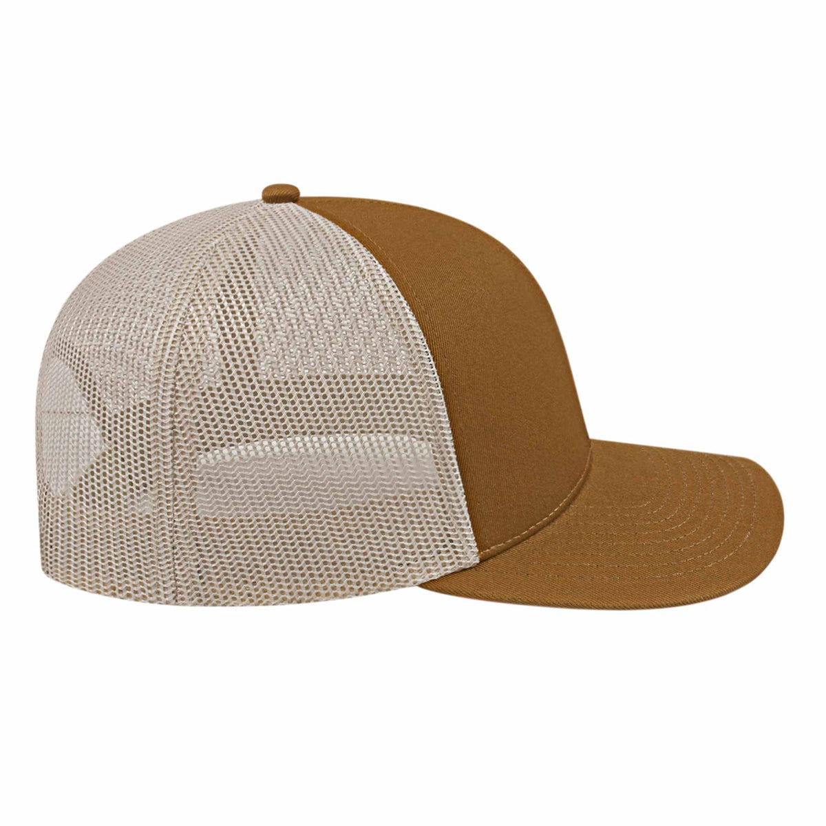 Cap America Poly Cotton Trucker Cap with Mesh Back Embroidery - Caramel/Stone - Left Side
