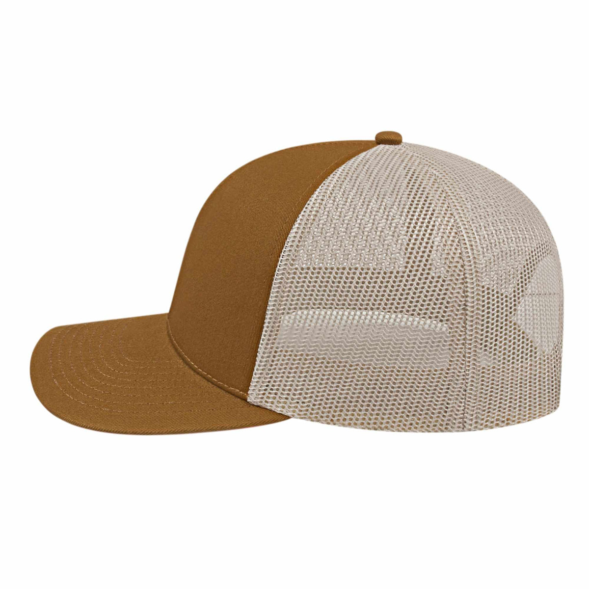 Cap America Poly Cotton Trucker Cap with Mesh Back Embroidery - Caramel/Stone - Right Side