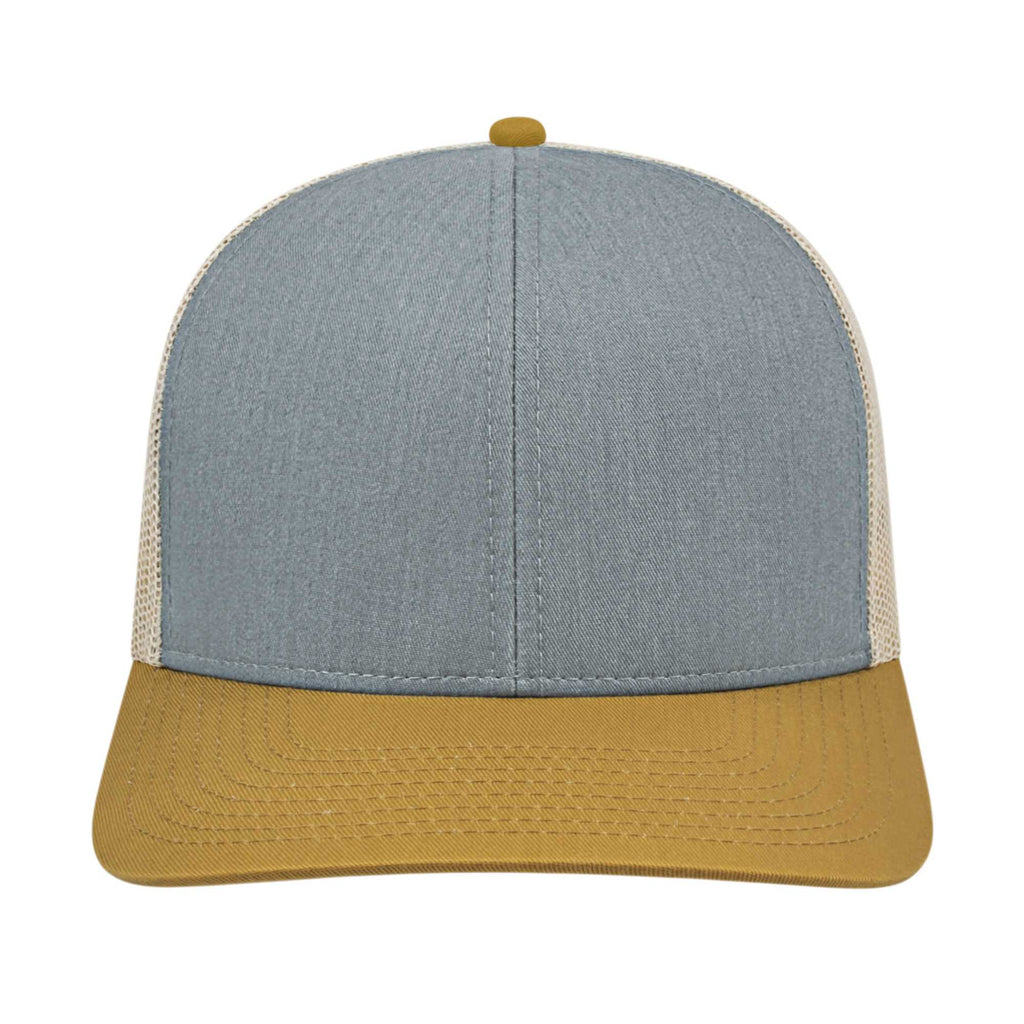 Cap America Poly Cotton Trucker Cap with Mesh Back Embroidery - Heather/Amber/Stone - Front 2