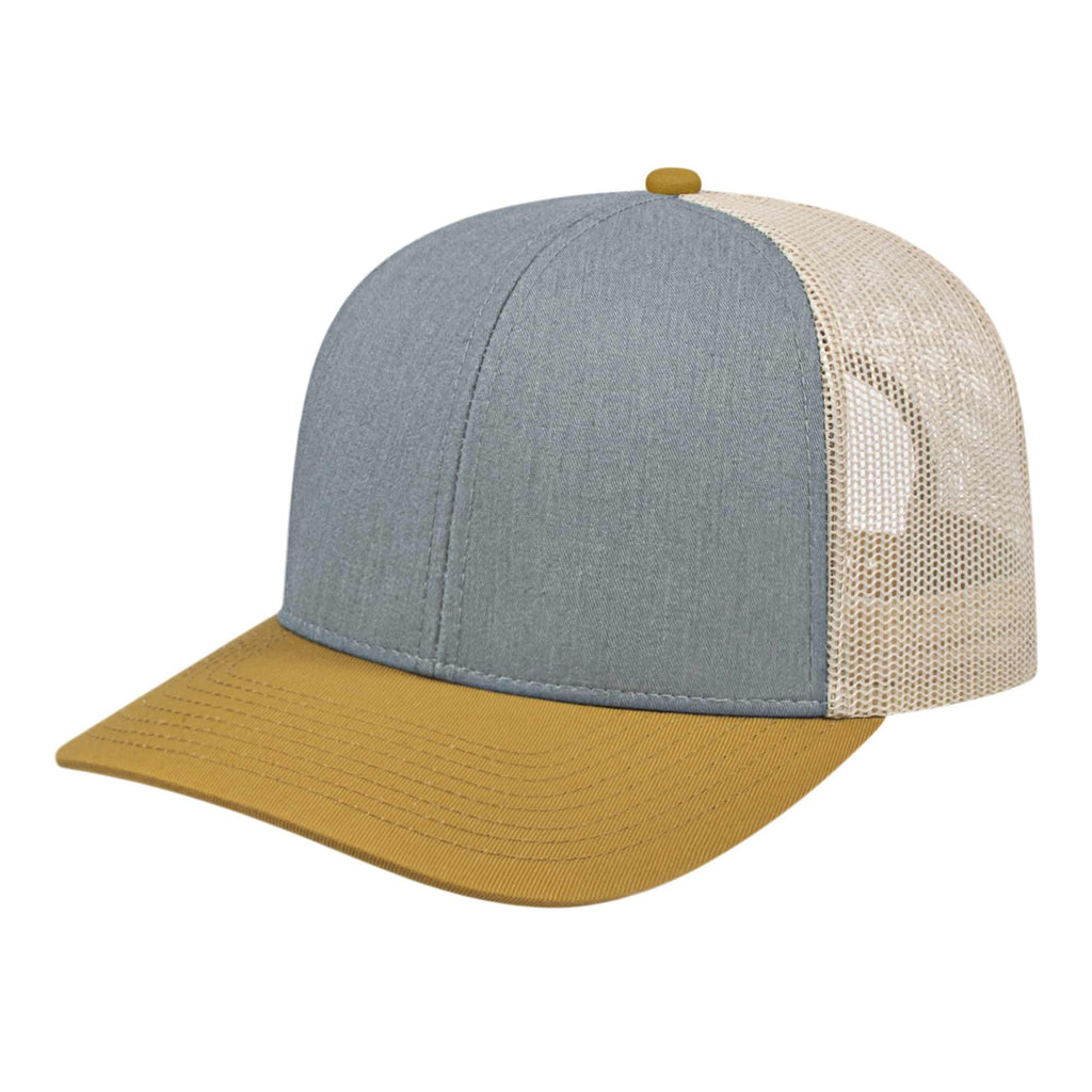 Cap America Poly Cotton Trucker Cap with Mesh Back Embroidery - Heather/Amber/Stone - Front