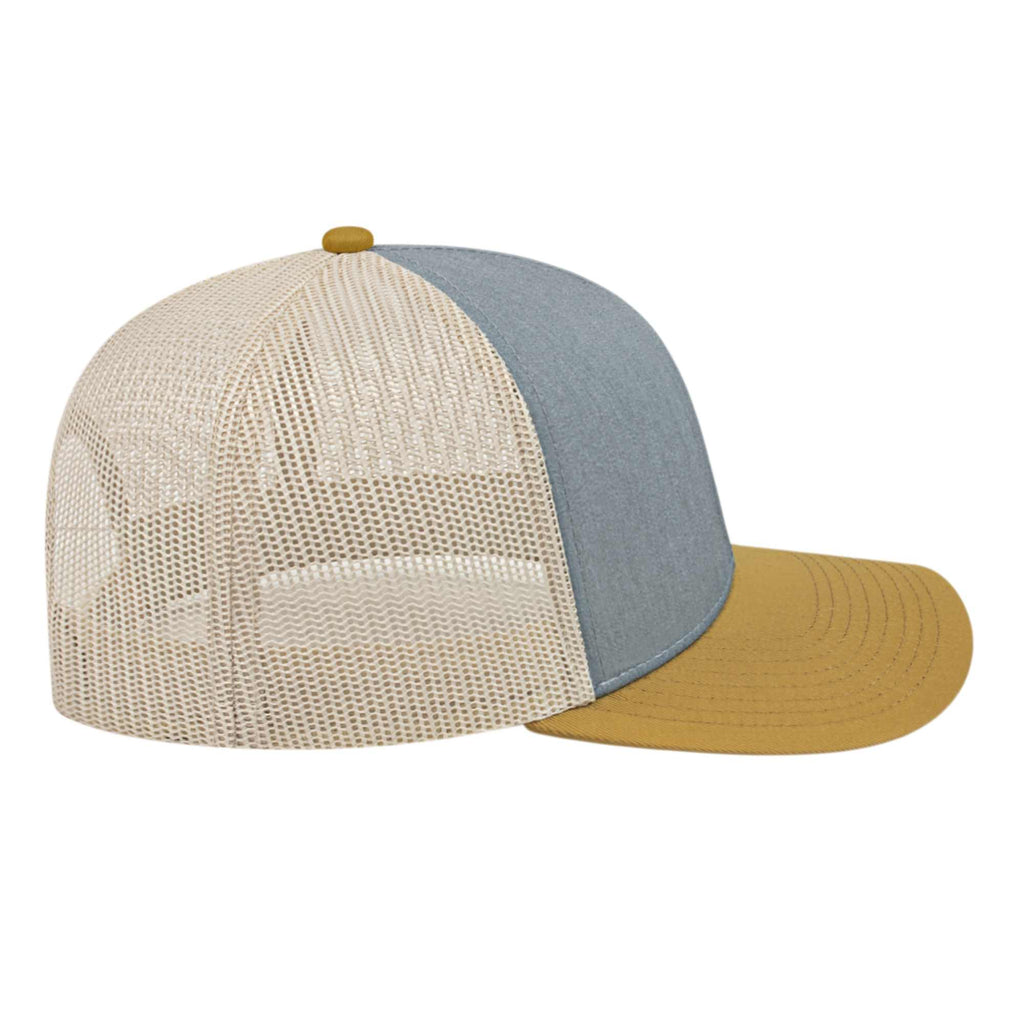 Cap America Poly Cotton Trucker Cap with Mesh Back Embroidery - Heather/Amber/Stone - Left Side